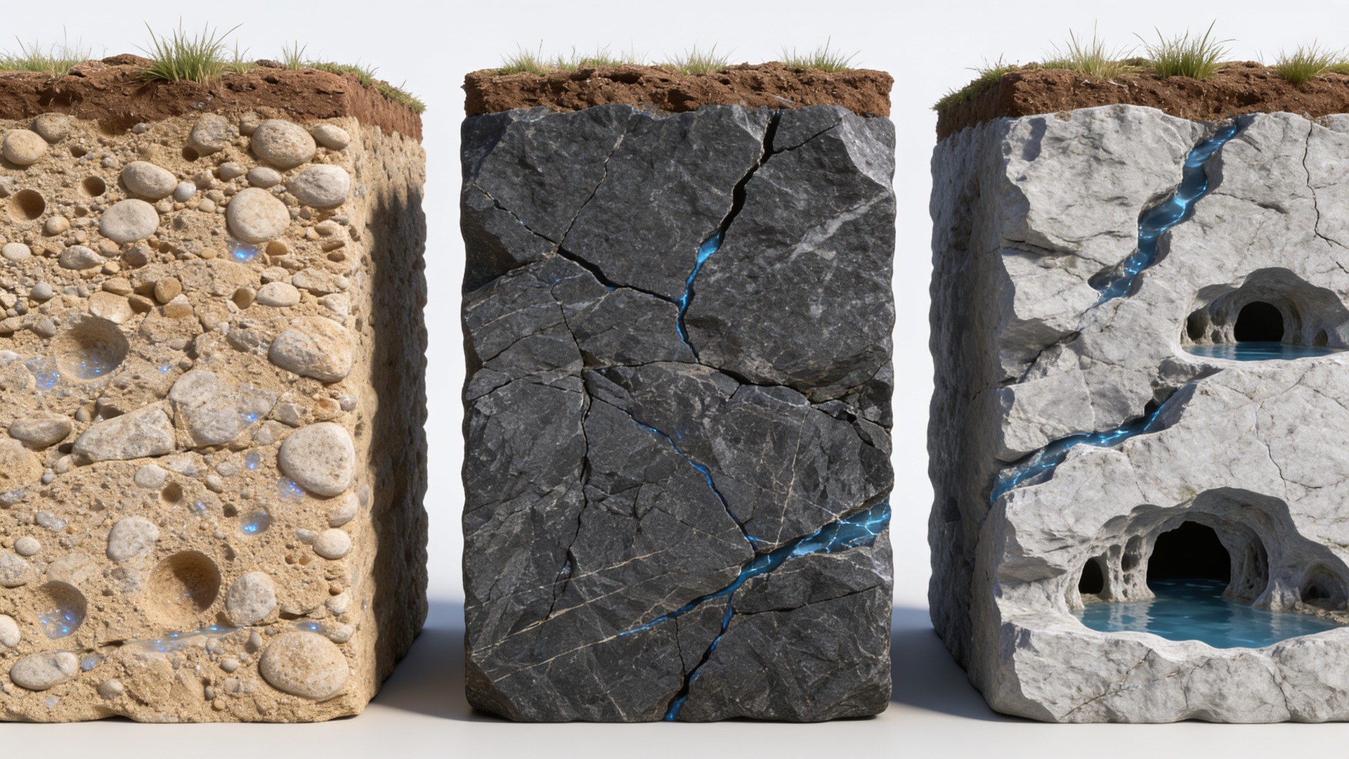 Três blocos de rocha em corte: arenito poroso com água entre os grãos, granito com água apenas nas fraturas e calcário com canais e pequenas cavidades de dissolução parcialmente cheios de água (imagem ilustrativa)