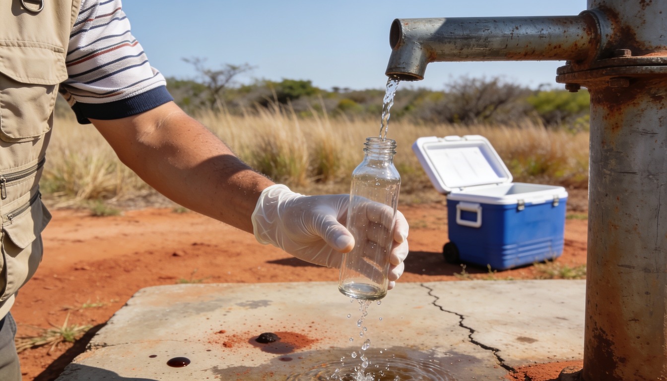 Coleta de amostra de água de poço em frasco estéril com luvas — o procedimento correto para não invalidar o laudo de potabilidade