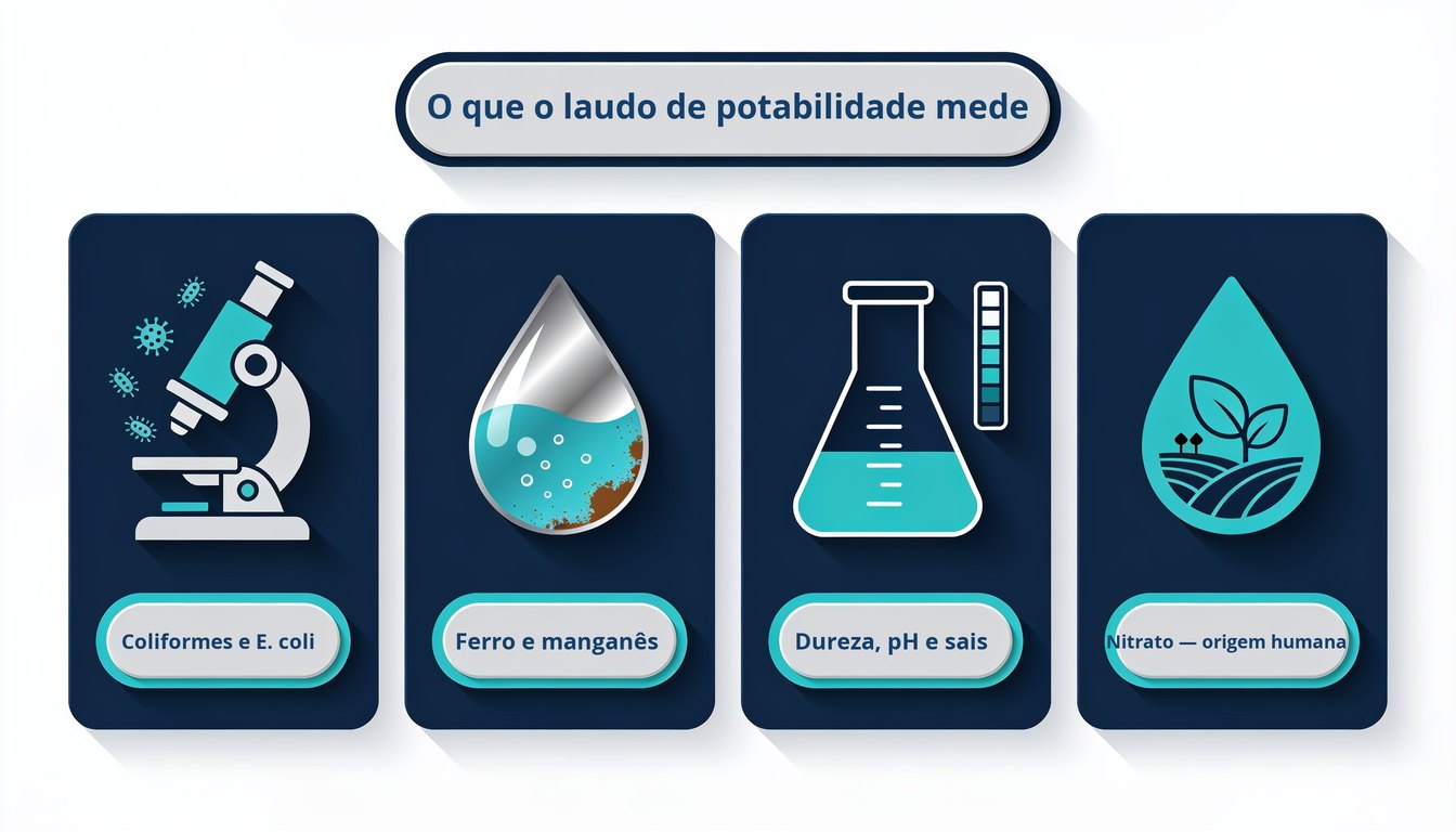 Os quatro grupos de parâmetros do laudo de potabilidade: coliformes e E. coli, ferro e manganês, dureza pH e sais, e nitrato de origem humana