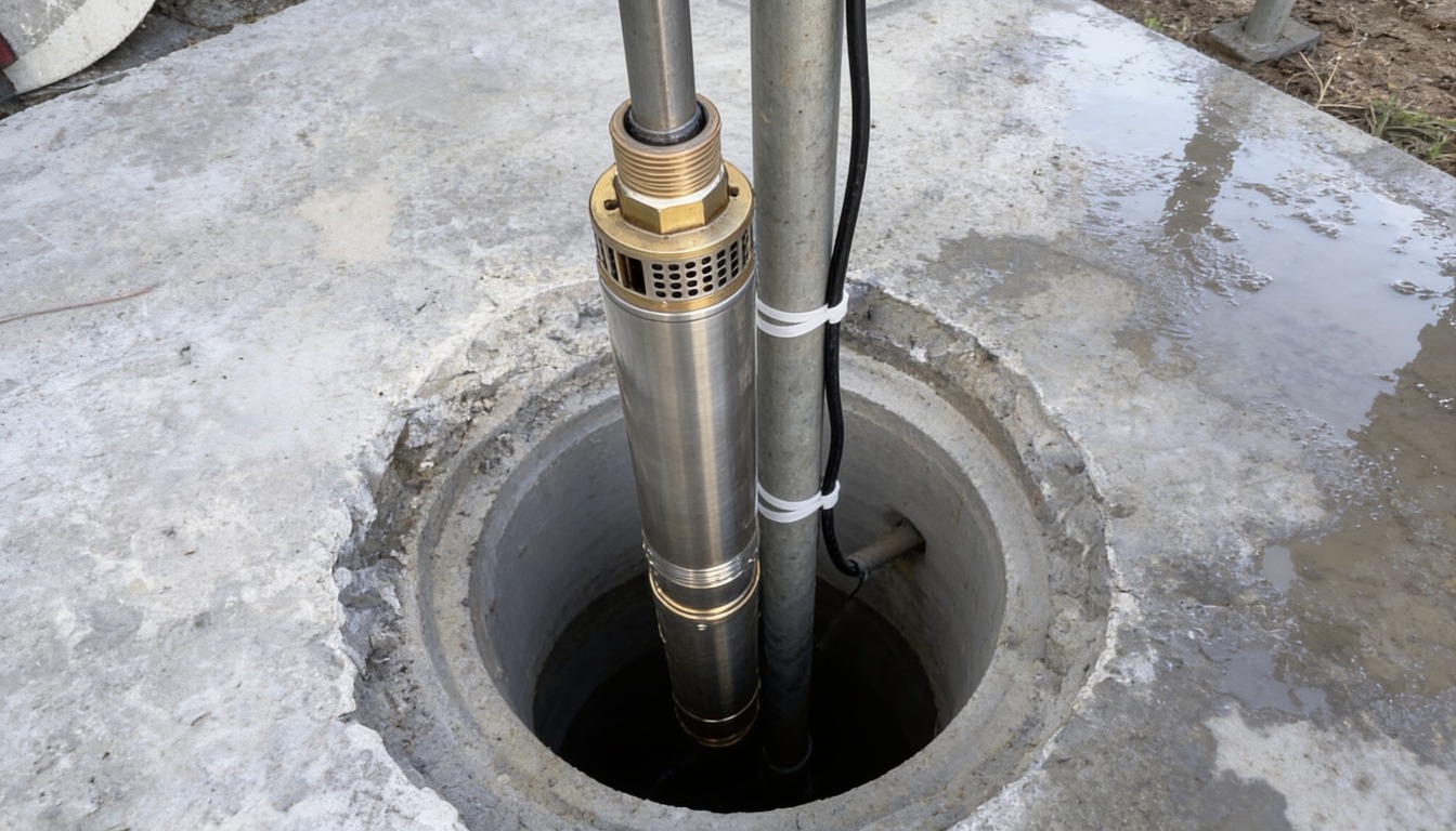 Bomba submersa tipo palito sendo descida no revestimento do poço, com cabo elétrico fixado ao tubo de recalque