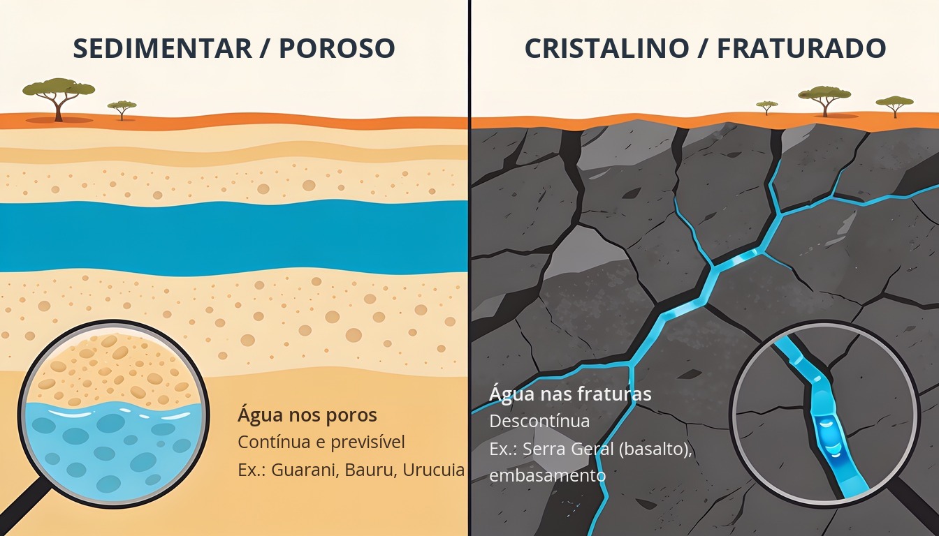 Diagrama comparativo dos dois terrenos: aquífero sedimentar/poroso (água nos poros — Guarani, Bauru, Urucuia) e cristalino/fraturado (água nas fraturas — Serra Geral e embasamento).
