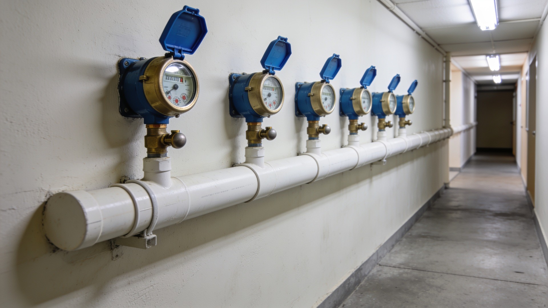 Fileira de hidrômetros individualizados, um por apartamento, instalados na tubulação do corredor técnico de um condomínio — a medição por unidade transforma o consumo coletivo em conta pessoal (imagem ilustrativa)