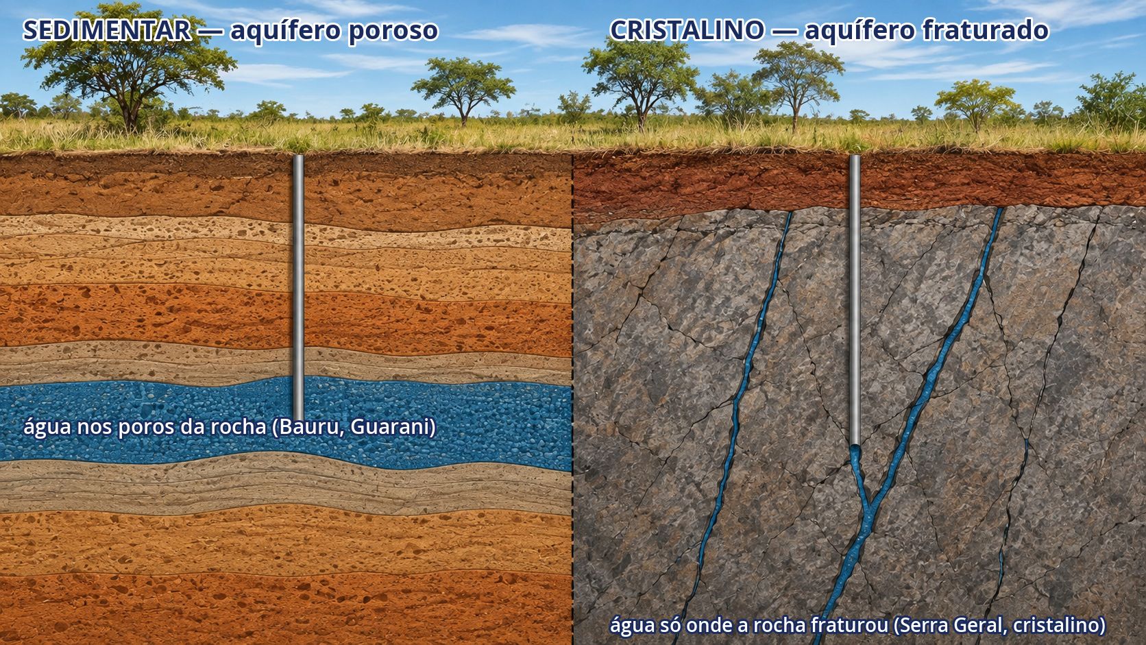 Corte geológico didático comparando aquífero sedimentar poroso, com água nos poros de camadas de arenito, e embasamento cristalino fraturado, com água apenas nas fraturas da rocha