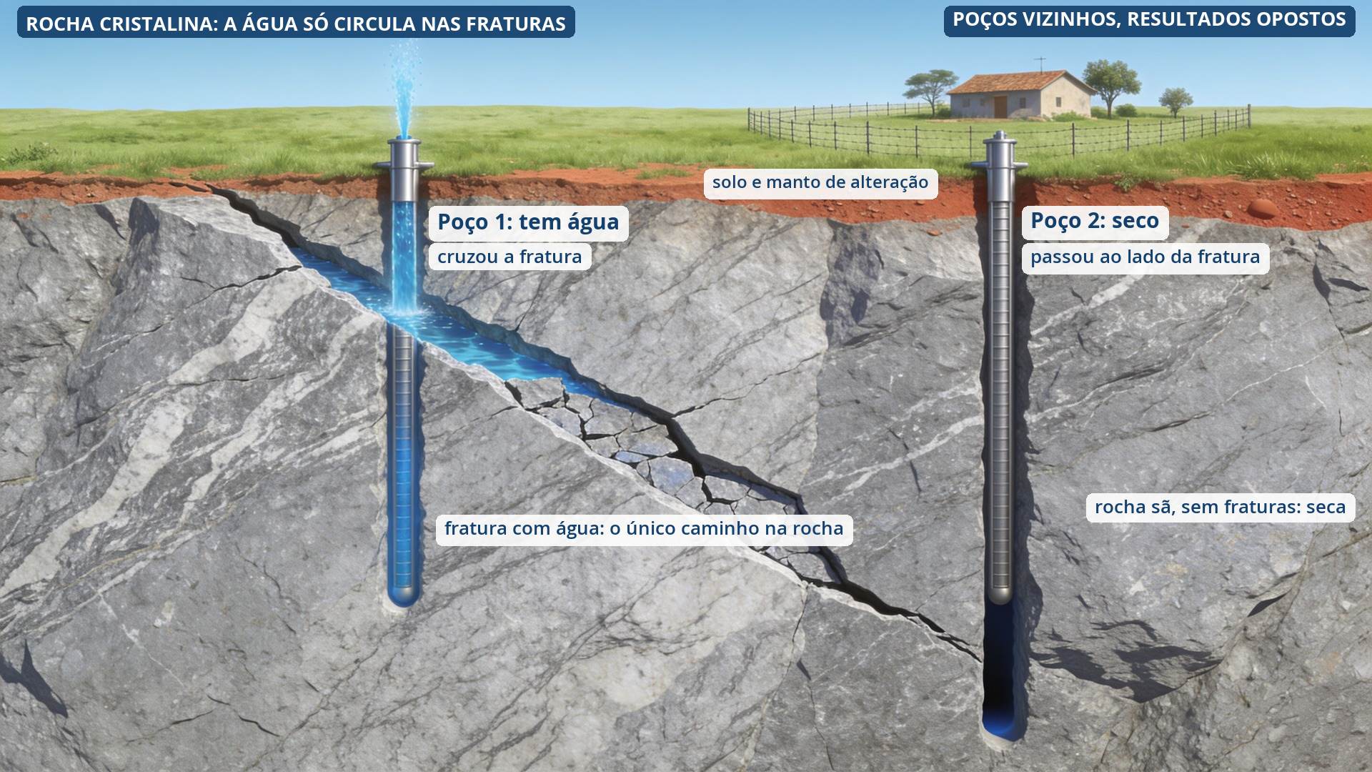Corte esquemático do subsolo em rocha cristalina com dois poços vizinhos: um intercepta a fratura com água e o outro, a poucos metros, atravessa rocha sã e fica seco