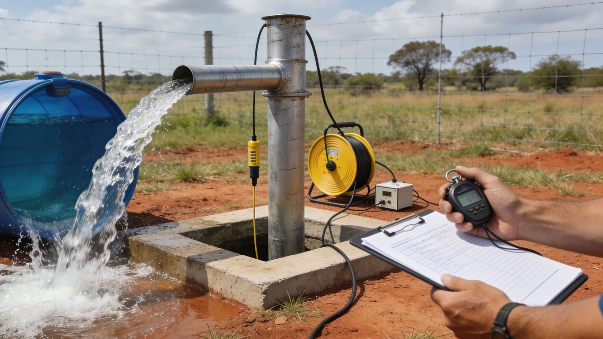 Teste de bombeamento em poço tubular, com a água jorrando pelo tubo de descarga enquanto o técnico mede a vazão