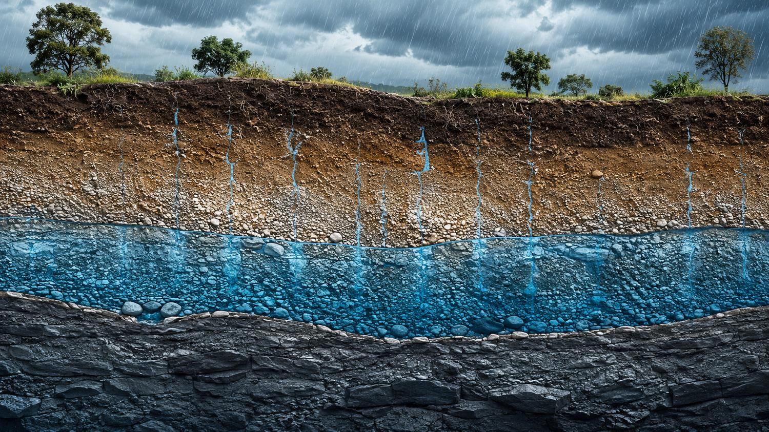 Corte do subsolo sob a chuva: a água infiltra pelo solo e satura a camada azul sobre a rocha impermeável