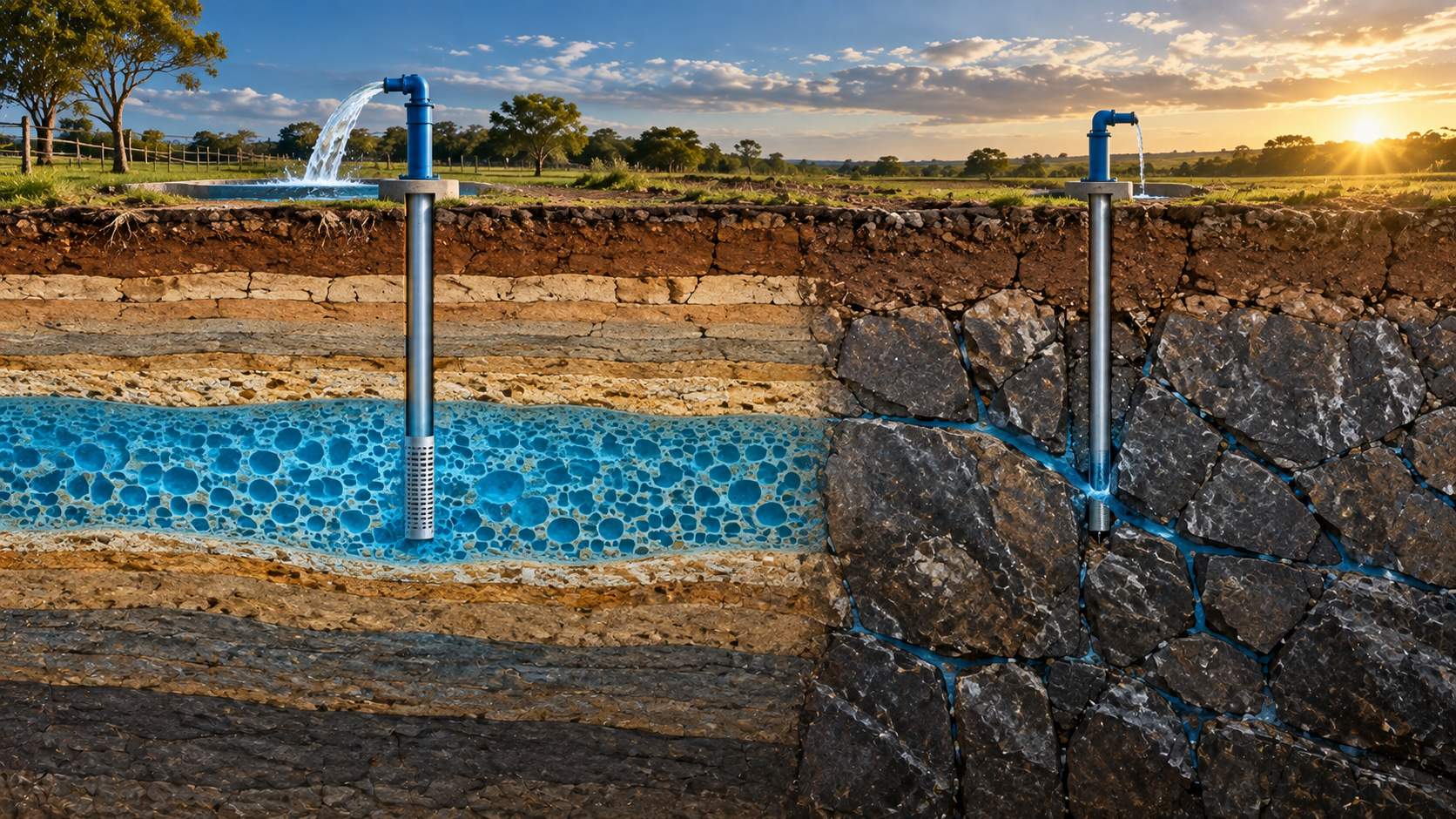 Corte esquemático comparando aquífero sedimentar poroso e terreno cristalino fraturado: no sedimentar a água ocupa os poros; no cristalino, apenas as fraturas