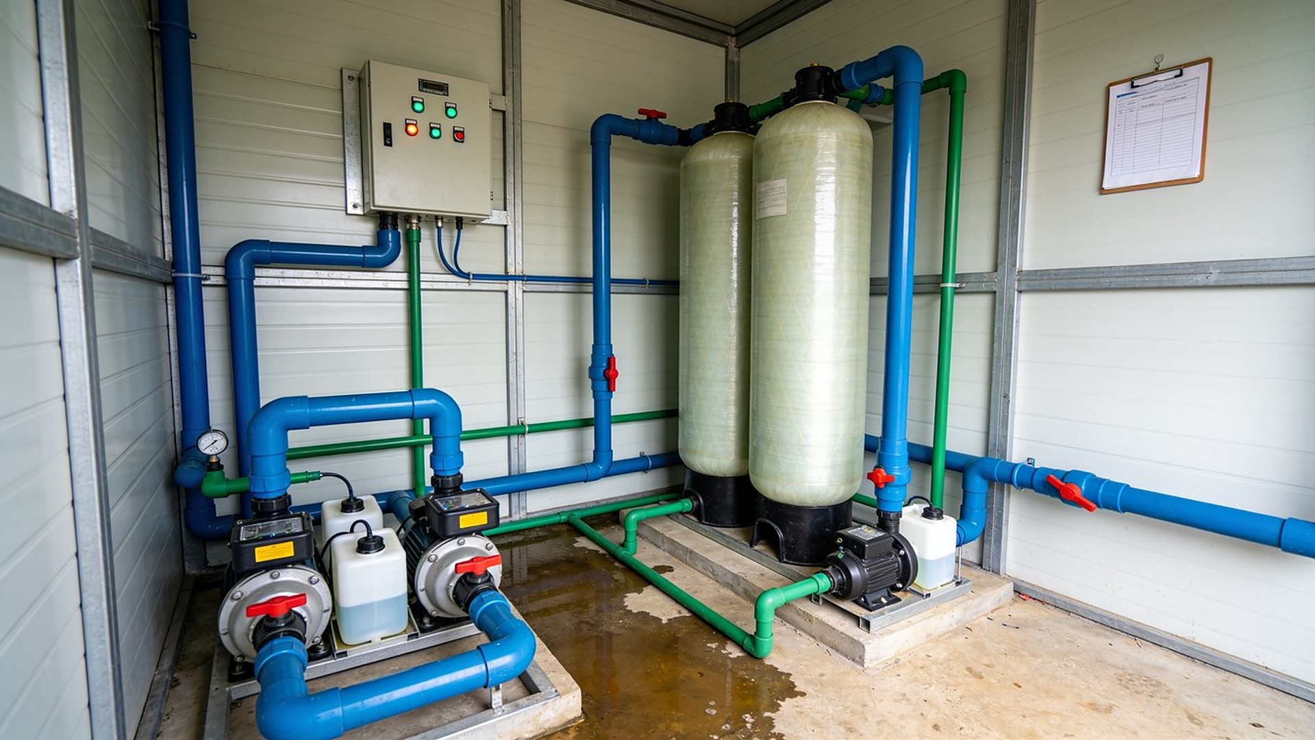 Interior de uma ETA compacta com filtros de pressão, bombas dosadoras e painel elétrico — a operação que continua sendo sua na locação