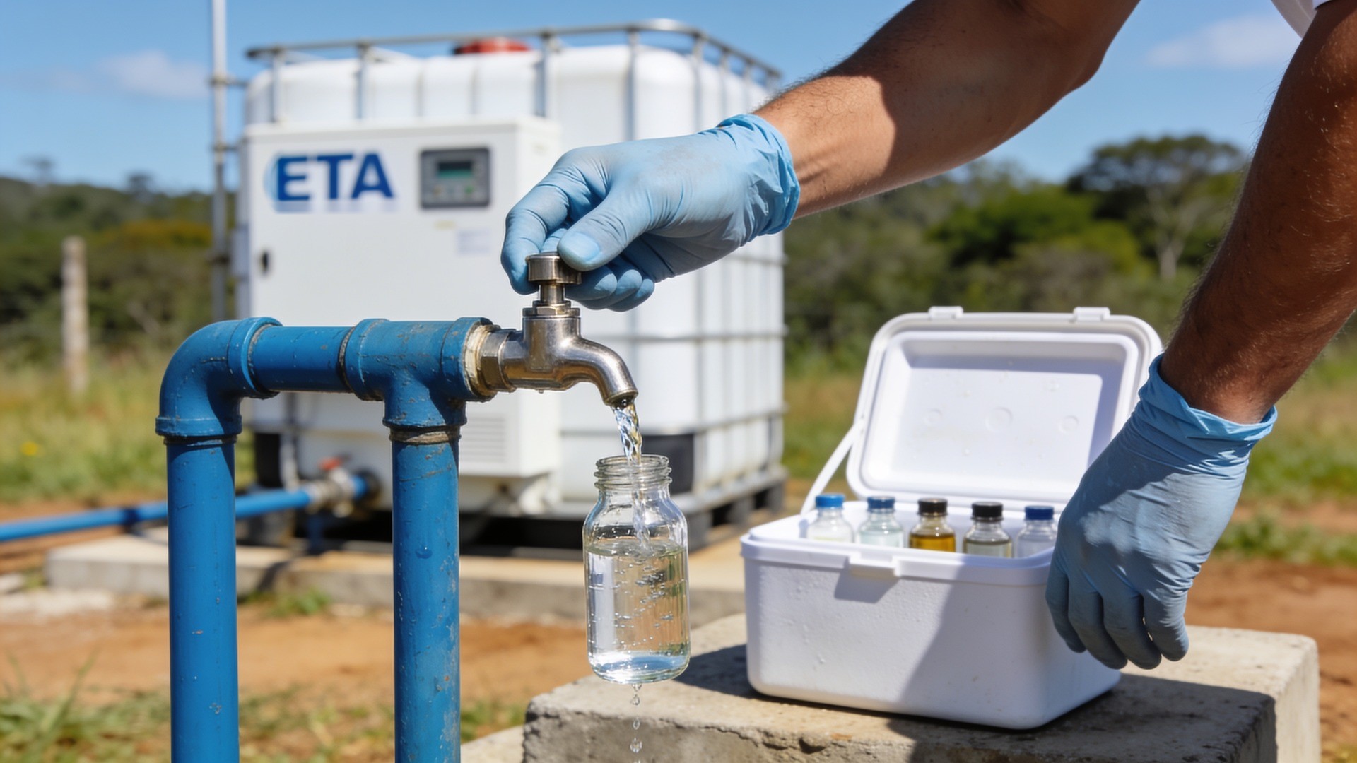 Técnico de luvas coletando amostra de água do poço em frasco de vidro para análise, com a ETA compacta ao fundo — o tratamento começa pela qualidade da água captada (imagem ilustrativa)