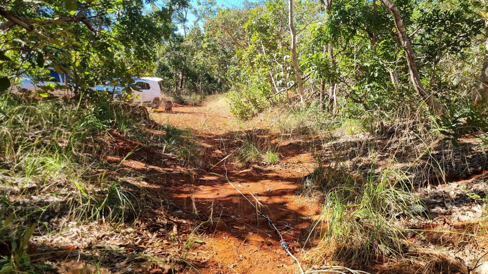 Cabo do Caminhamento Elétrico estendido numa trilha de terra vermelha, com a picape da equipe ao fundo, durante aquisição geofísica real da Aqua Liber — o levantamento que indica onde perfurar