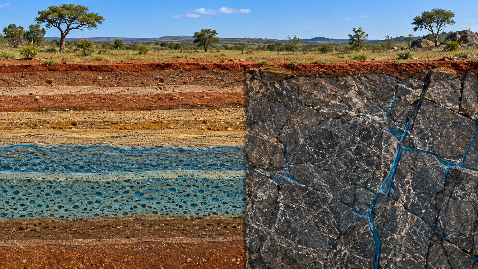 Corte geológico comparando terreno sedimentar em camadas contínuas com terreno cristalino onde a água circula apenas nas fraturas da rocha