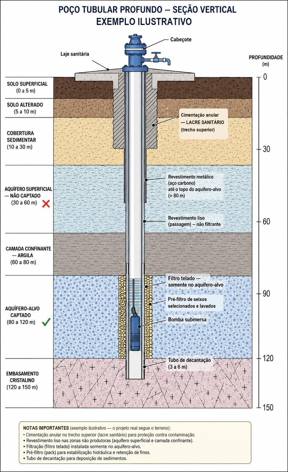 Seção vertical didática de poço tubular profundo: laje e cimentação sanitária no topo, revestimento, filtro apenas no aquífero captado, pré-filtro e bomba submersa