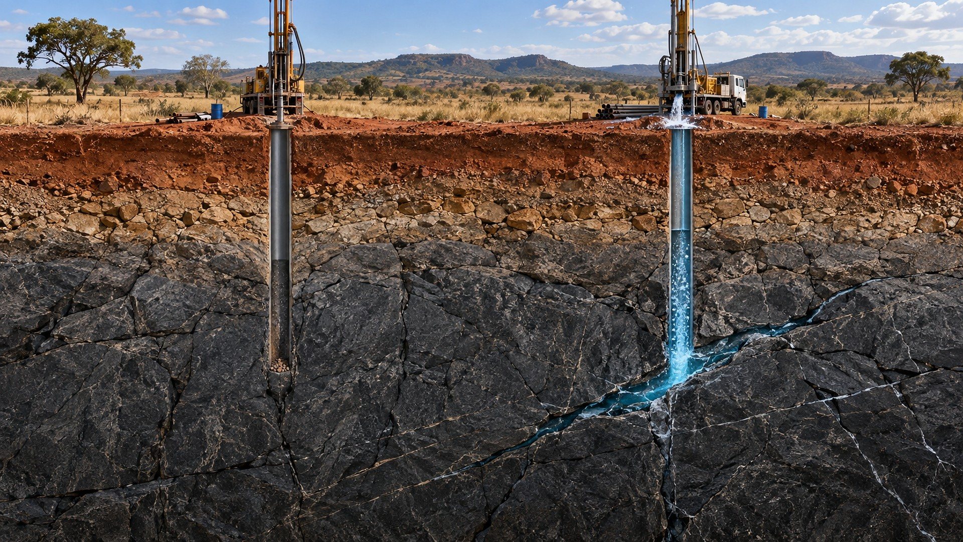 Corte geológico com duas perfurações no mesmo terreno: à esquerda, o furo atravessa rocha cristalina sem fratura e sai seco; à direita, a poucos metros, o poço intercepta uma fratura com água (imagem ilustrativa)