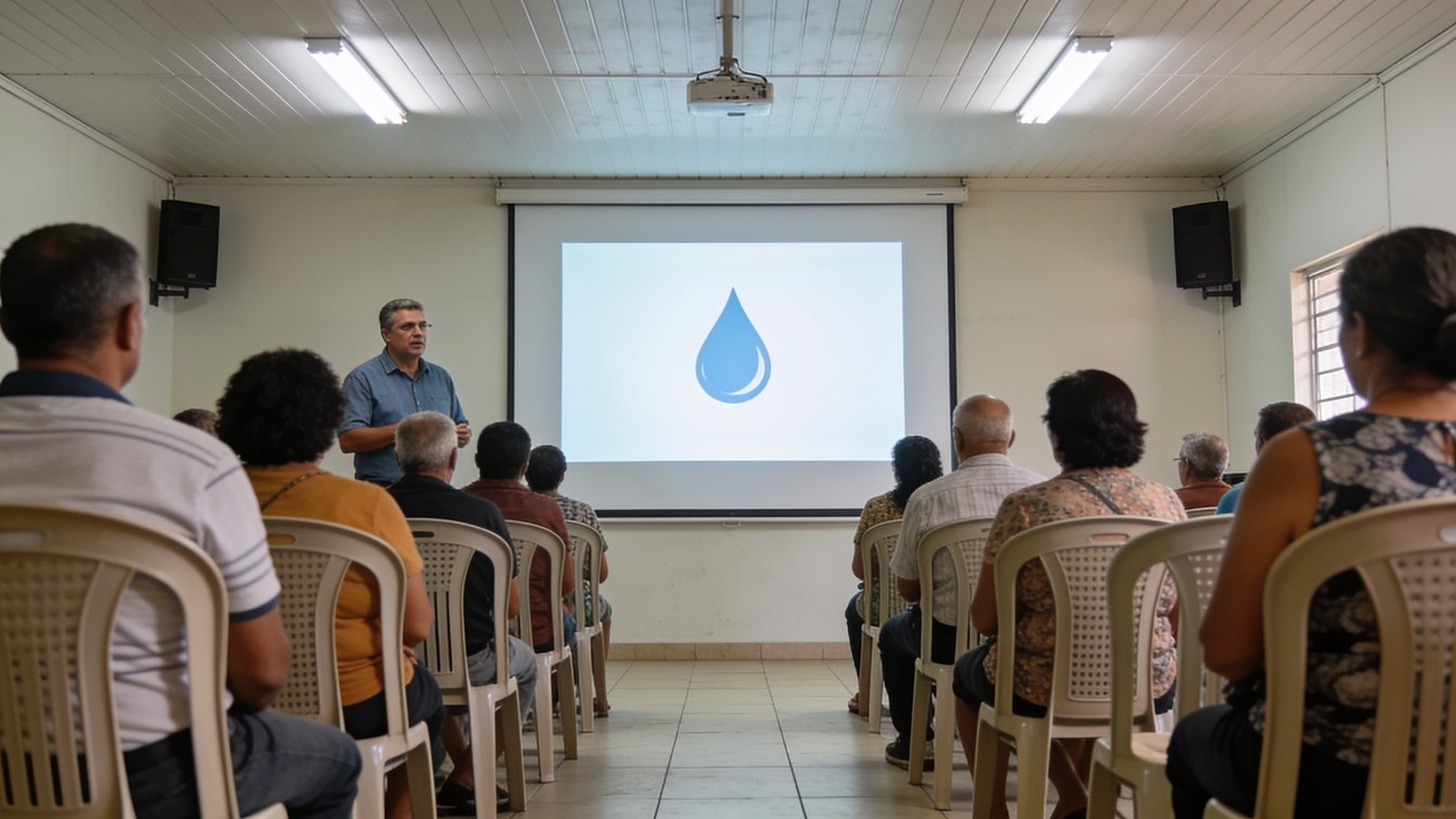 Assembleia de condomínio deliberando sobre o poço artesiano — a aprovação em ata é o primeiro passo formal do projeto