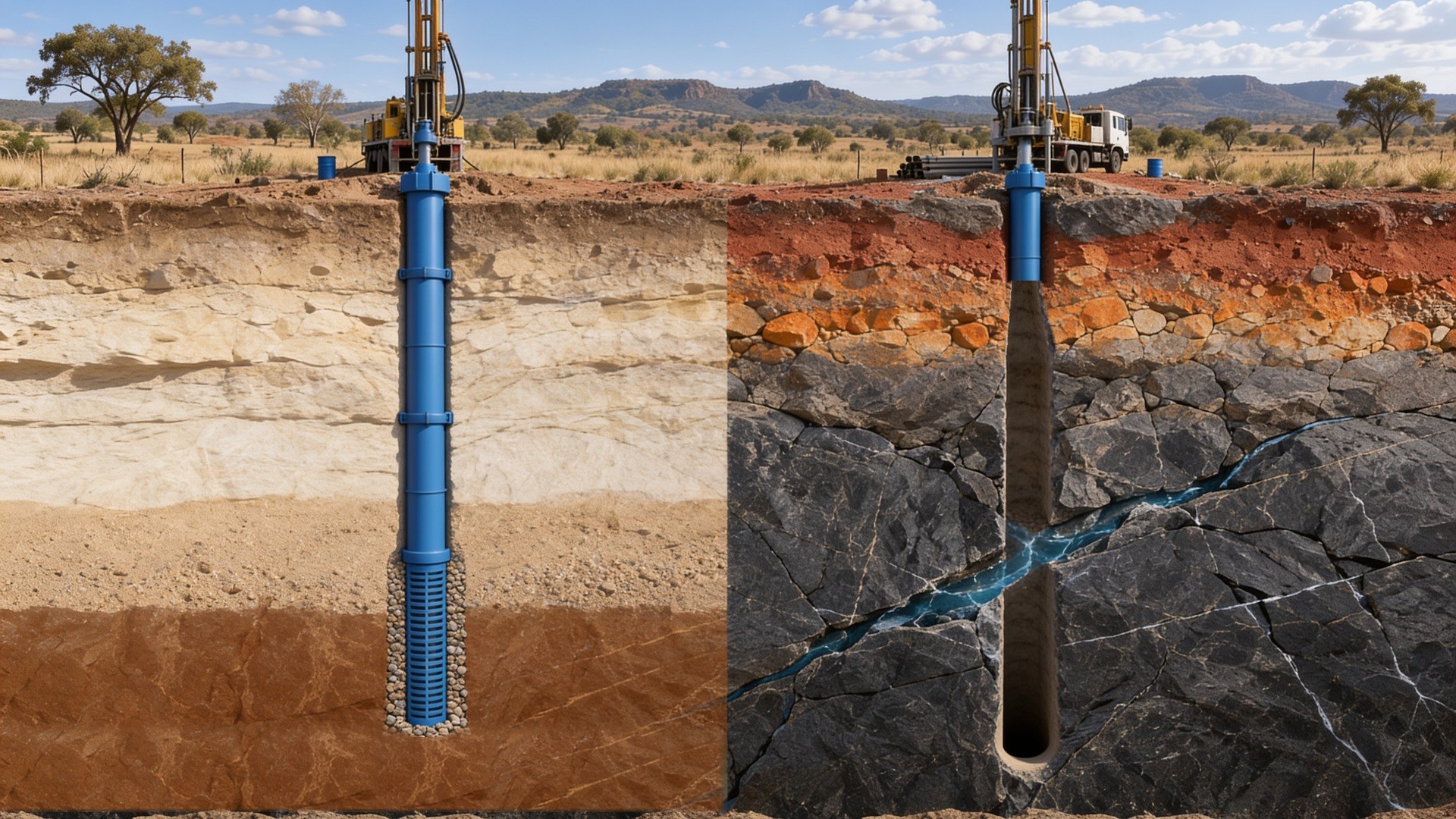 Corte geológico com dois poços da mesma profundidade: no terreno sedimentar, o poço é revestido com tubo e filtros em toda a coluna; no cristalino, o tubo fica só no solo e na rocha alterada e a água vem das fraturas da rocha — por isso o cristalino tende a sair mais barato no total (imagem ilustrativa)