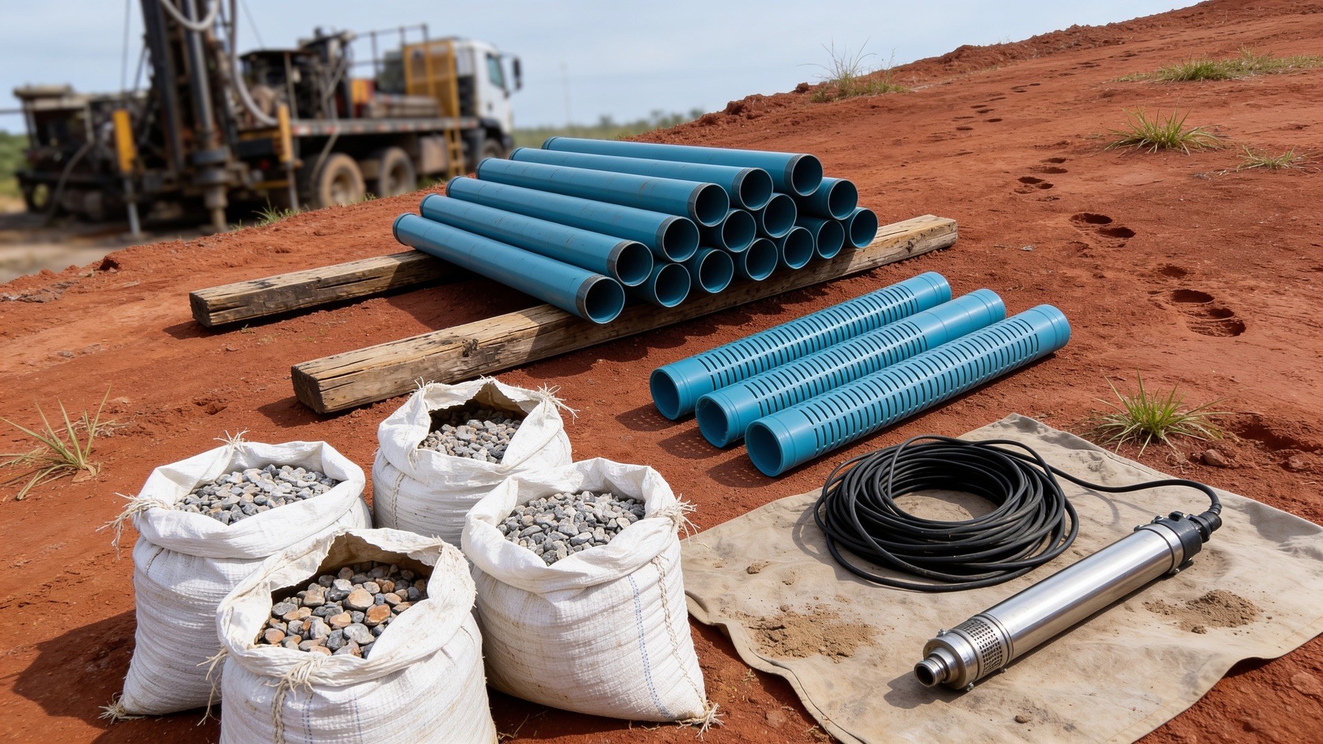 Materiais de um poço tubular separados no canteiro: tubos de PVC geomecânico, filtros ranhurados, sacos de pré-filtro, cabo e bomba submersa — os itens que pesam no orçamento além da perfuração (imagem ilustrativa)