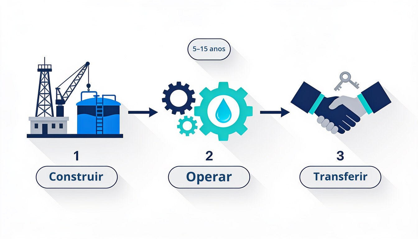 Linha do tempo do contrato BOT: o provedor constrói e opera o poço e a ETA e transfere os ativos ao cliente ao fim do contrato