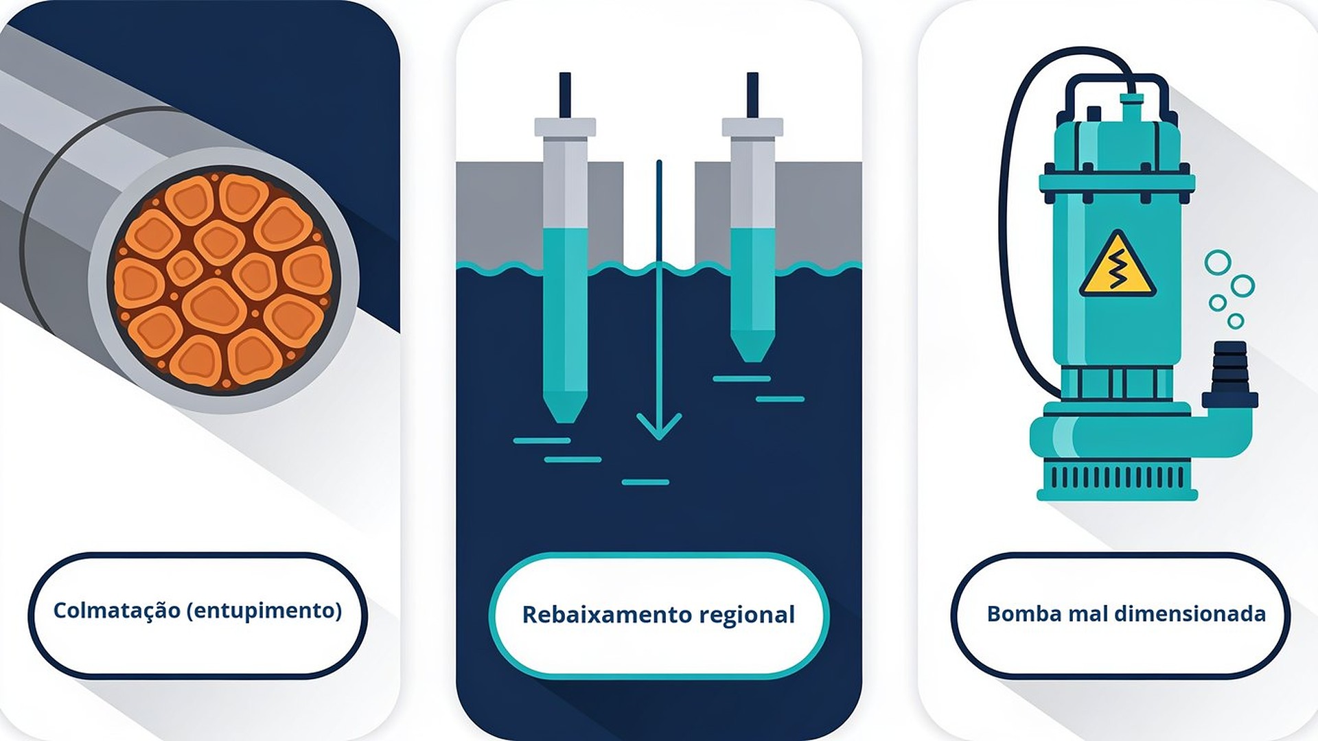 Diagrama das três causas mais comuns da perda de vazão do poço: colmatação por incrustação, rebaixamento regional do aquífero e bomba mal dimensionada