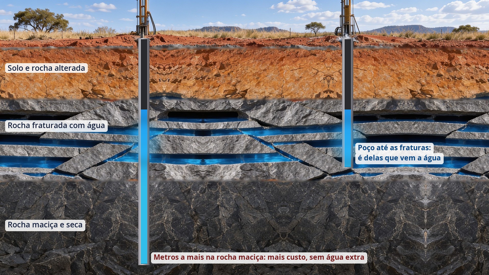 Corte geológico ilustrativo em rocha cristalina: dois poços recebem água da zona fraturada perto da superfície; o mais fundo avança pela rocha maciça e seca sem ganhar água extra (imagem ilustrativa)