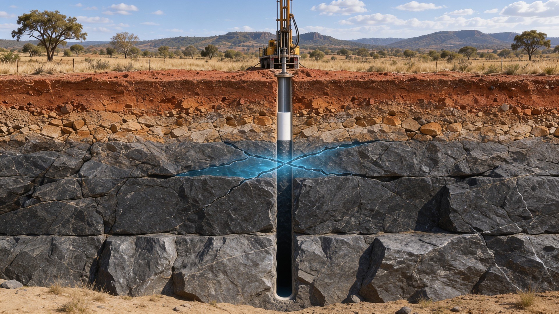 Corte geológico de um poço de 100 metros em rocha cristalina: tubo curto no solo e na rocha alterada, fraturas com água logo abaixo, na parte de cima da rocha, e rocha maciça e seca na parte funda (imagem ilustrativa)
