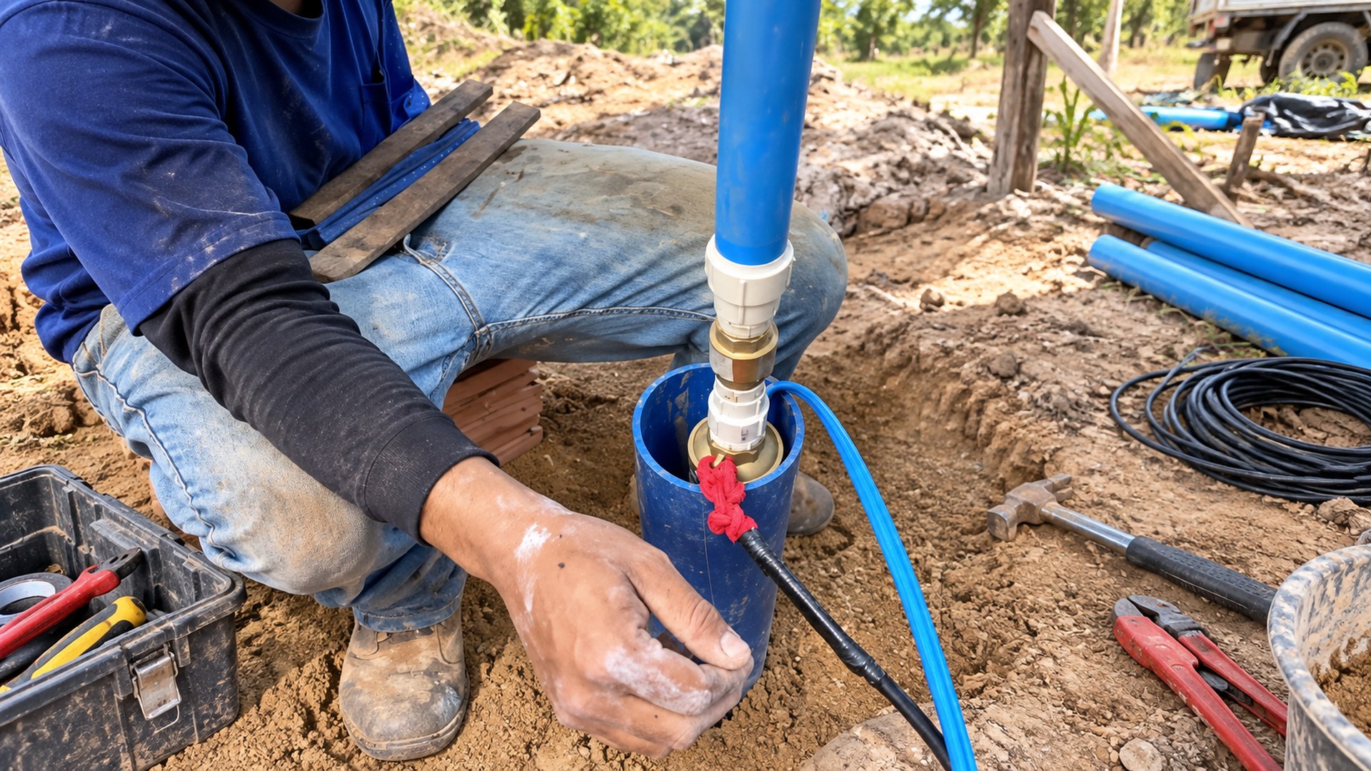 Técnico na boca do poço revestido com tubo azul, conectando o tubo edutor à bomba submersa durante a instalação, com o cabo elétrico e a corda de segurança presos ao lado (imagem ilustrativa)