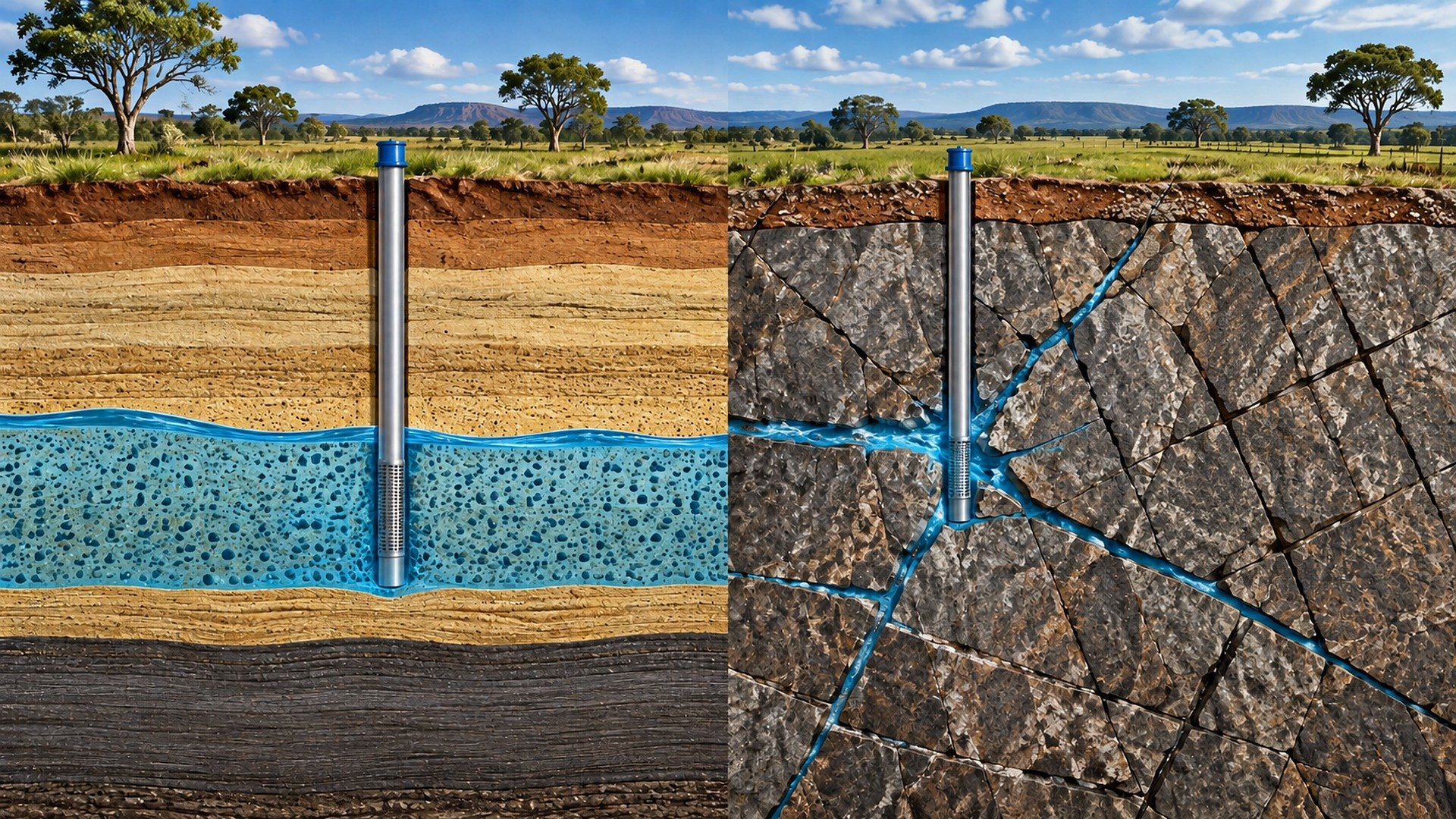 Corte esquemático comparando um poço de 20 metros em terreno sedimentar, com o filtro dentro do aquífero livre nas camadas de areia, e em terreno cristalino, onde a água circula apenas pelas fraturas da rocha — os mesmos 20 metros, dois destinos