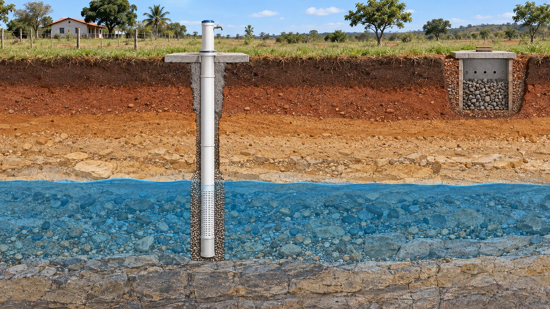 Corte esquemático de um poço tubular raso construído conforme a NBR 12244, com laje sanitária, cimentação anular, revestimento em PVC, filtro apenas no aquífero livre e fossa afastada do poço