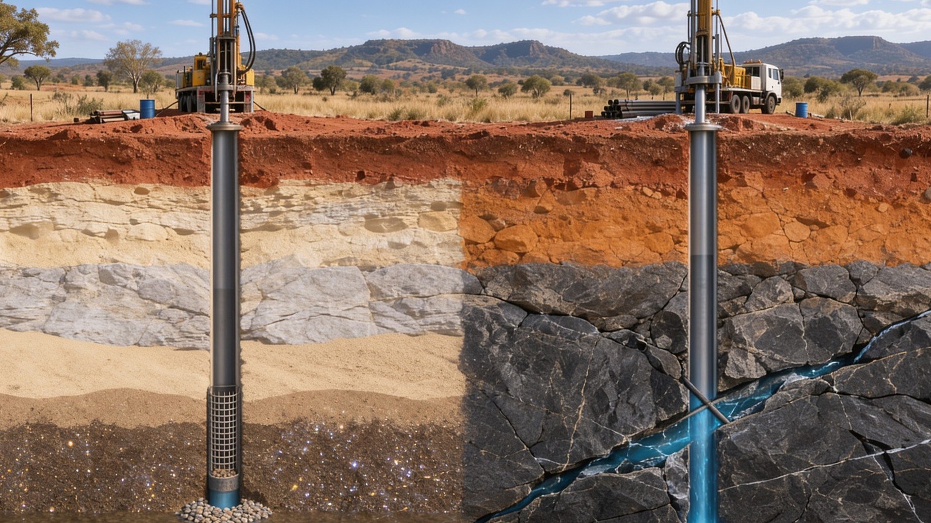 Corte geológico com dois poços da mesma profundidade: à esquerda, em terreno sedimentar, o filtro capta a água dos poros da areia saturada; à direita, em terreno cristalino, o poço atravessa o saprolito e só encontra água ao cruzar uma fratura na rocha (imagem ilustrativa)