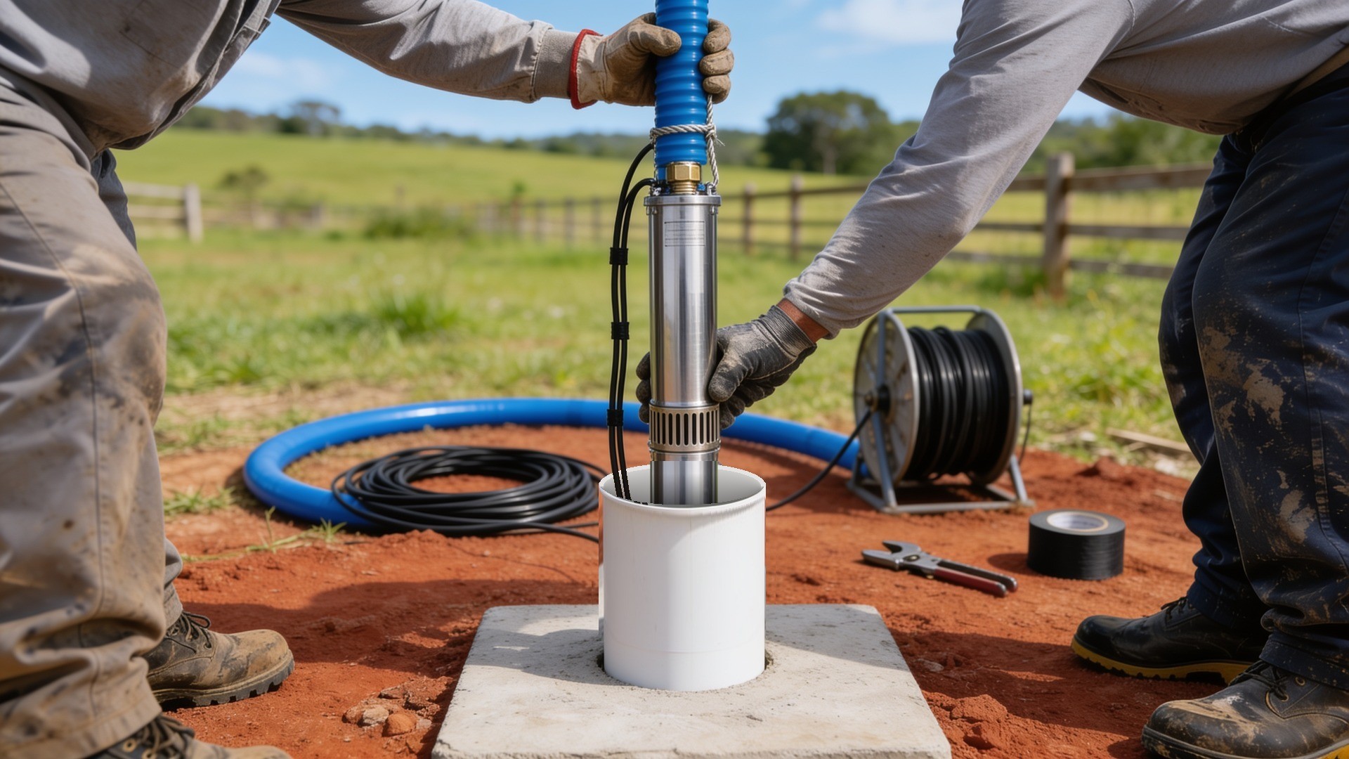 Técnicos descendo a coluna de tubo e o cabo da bomba submersa num poço revestido em PVC — a bomba de um poço de 50 metros é escolhida depois do teste de vazão (imagem ilustrativa)