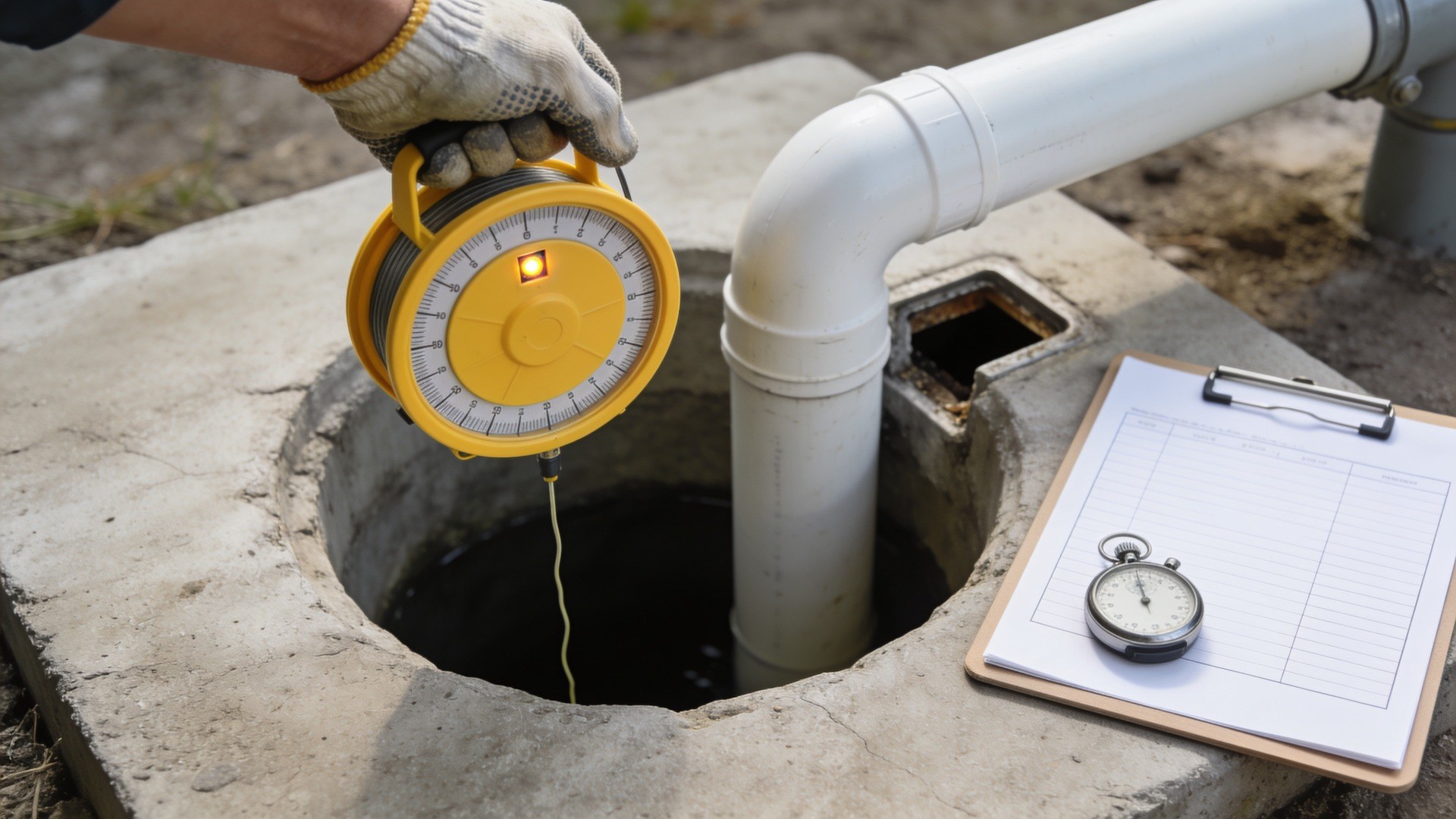 Medidor elétrico de nível com o cabo descendo pela boca do poço, ao lado da prancheta de leituras e do cronômetro — o nível é lido em intervalos definidos durante todo o teste (imagem ilustrativa)