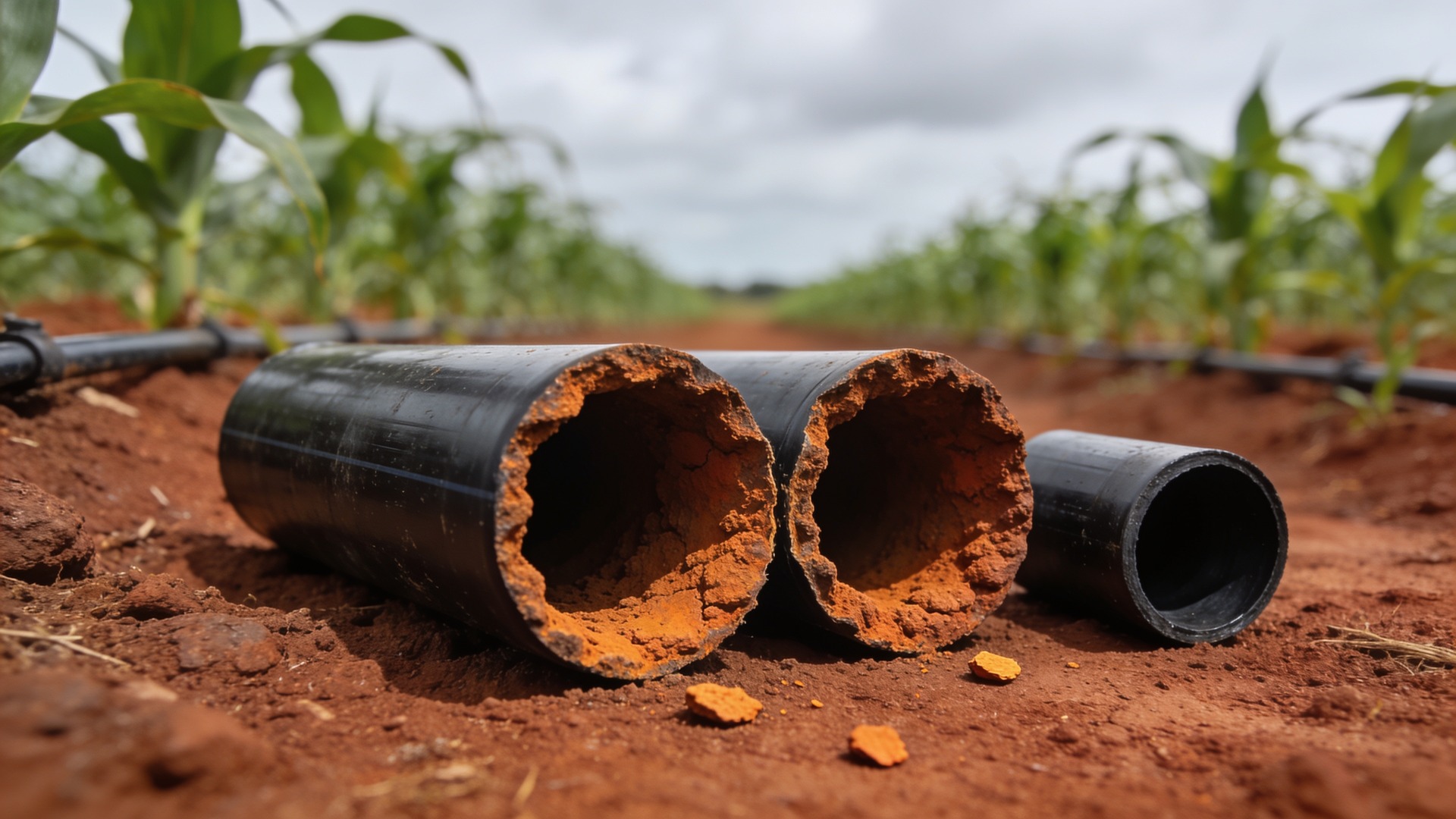 Tubulação de irrigação cortada, com a parede interna revestida por incrustação de óxido de ferro